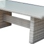 Gartentisch Dijon, Teil des 5-teiligen Gartenmöbel-Sets von Garden Pleasure, mit Glasplatte und grauem Rattan-Look.