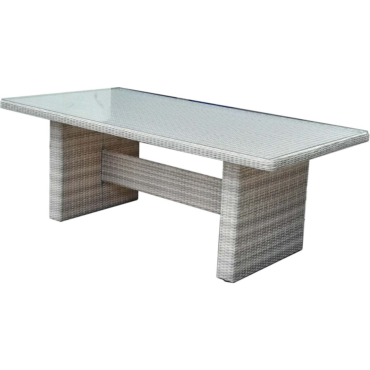 Gartentisch Dijon, Teil des 5-teiligen Gartenmöbel-Sets von Garden Pleasure, mit Glasplatte und grauem Rattan-Look.
