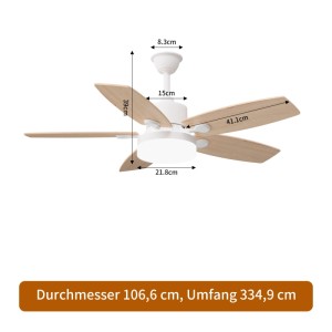 Weißer Deckenventilator mit 5 hellen Holzflügeln und integriertem LED-Licht, 42 Zoll (107 cm) Durchmesser, mit Maßen.
