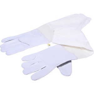 Weiße Imkerhandschuhe aus dem Dobar Imker-Starter-Set zum Schutz vor Bienenstichen.