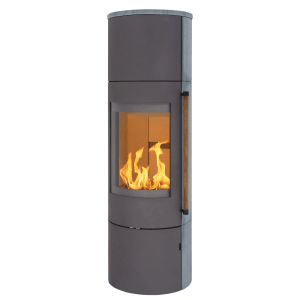 H&M Germany Kaminofen EVO 2.1 XL Naturstein-Titan: Moderner Kaminofen mit Panorama-Sichtscheibe und Holzfach.