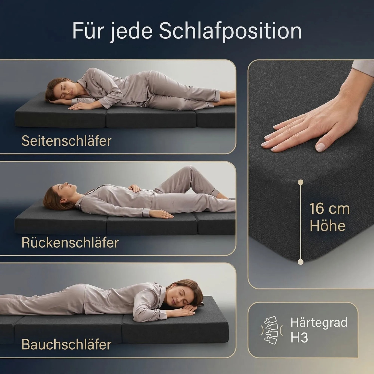 Dunkelgraue Arensberger Klappmatratze aus Gelschaum, 16cm hoch, Härtegrad H3, für alle Schlafpositionen.