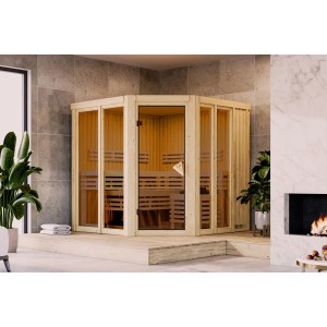 Karibu Sauna Airini mit Ofen, naturbelassen, mit bronzierten Fenstern und Eckeinstieg.