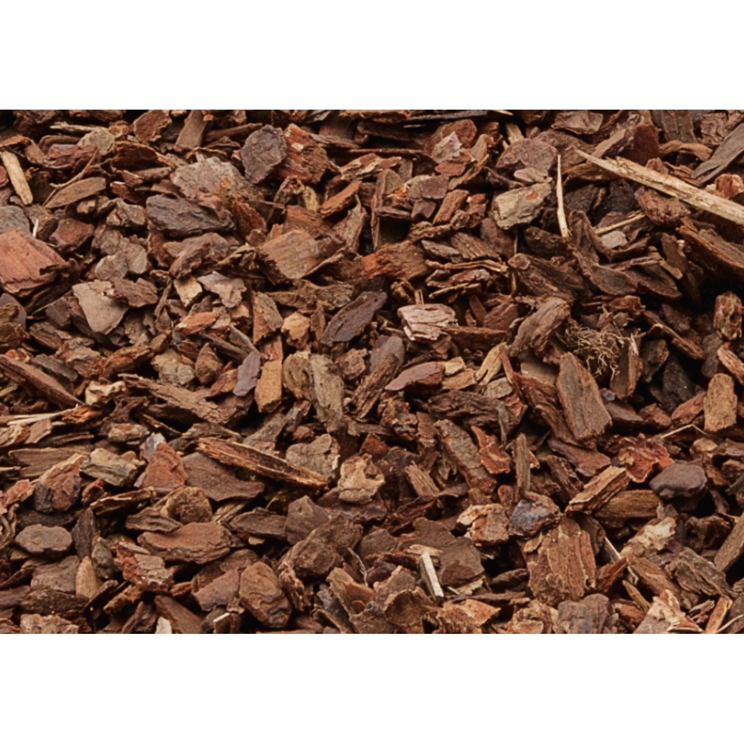OBI Gartendekor Pinie: Nahaufnahme von Pinienmulch auf einer Palette, ideal zur Beetabdeckung und Weggestaltung.