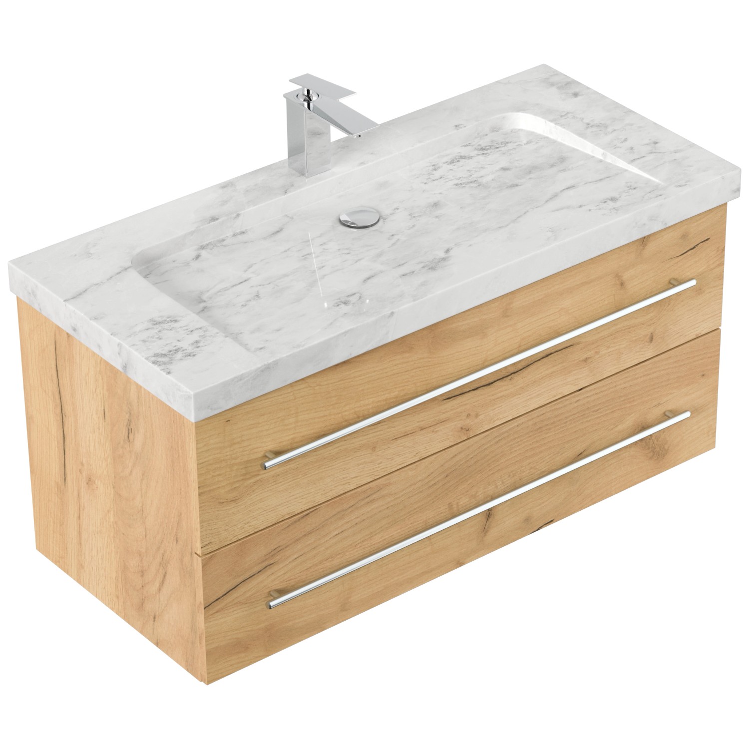 Posseik Badmöbel Marmor Carrara White Yamo 1 Hahnloch 100 cm Eiche Gold günstig online kaufen