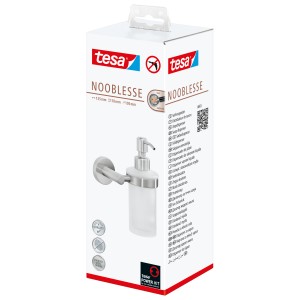 Verpackung des Tesa Nooblesse Seifenspenders in Edelstahloptik. Wandmontage, wiederauffüllbar.