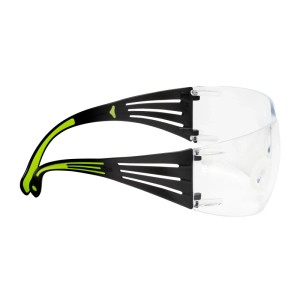 3M SecureFit 400 Schutzbrille mit klarer Polycarbonatscheibe und schwarz-neongrünen Bügeln.