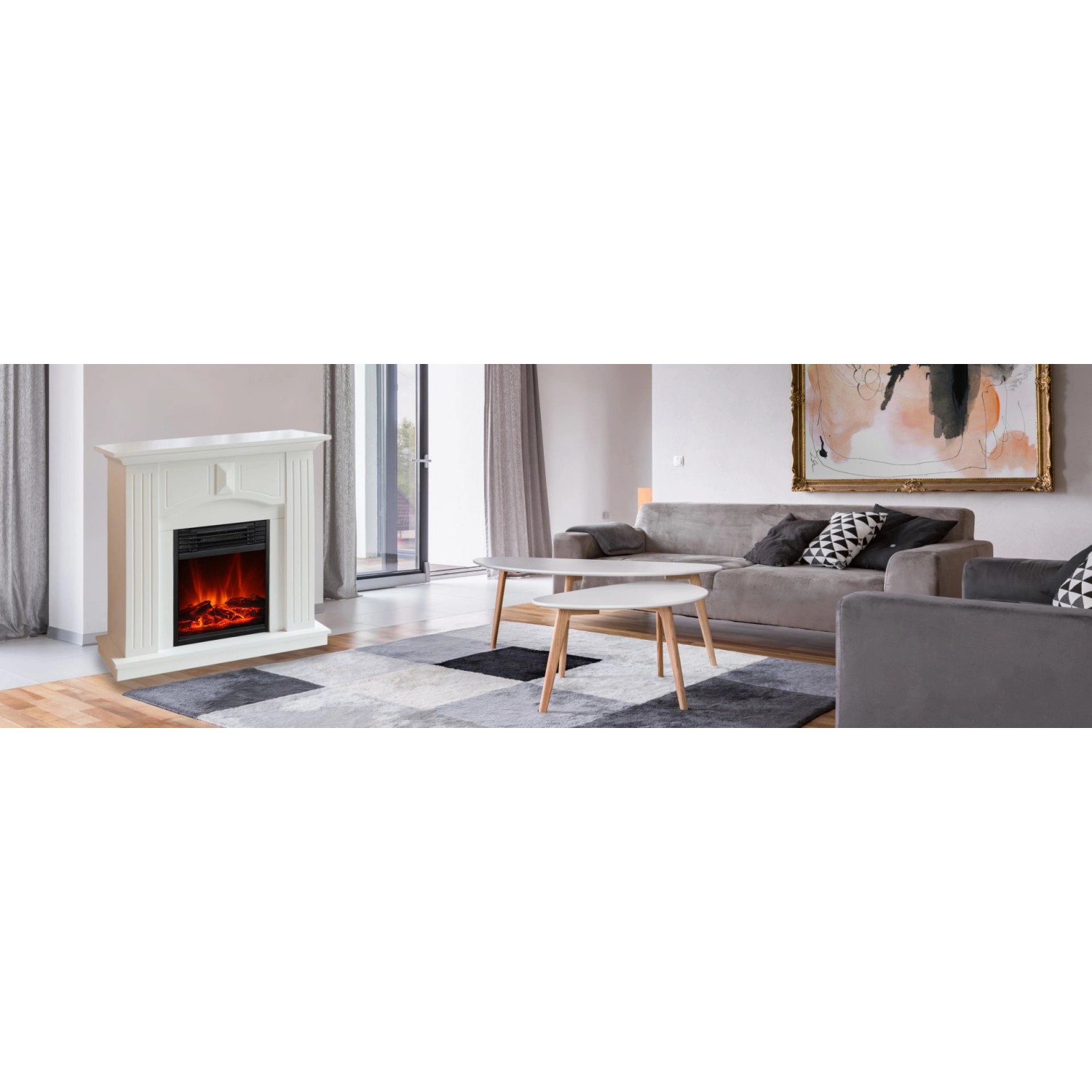 Weißer El Fuego Elektrokamin Malmö mit Heizfunktion im Wohnzimmer.