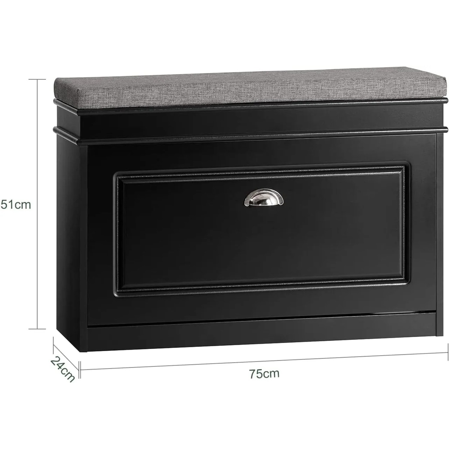 Schuhkipper Schwarz mit Sitzkissen, Schuhbank mit Klappe aus MDF für Flur und Diele.