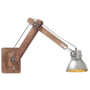 Silberne Wandleuchte im Industrie-Stil mit Holzarm und E27 Fassung.