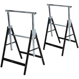 Zwei faltbare, höhenverstellbare DURHAND Sägeböcke aus Metall.