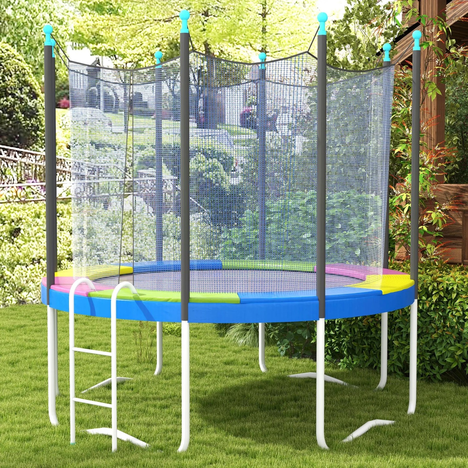 SPORTNOW Trampolin mit mehrfarbiger Randabdeckung und Leiter im Garten.