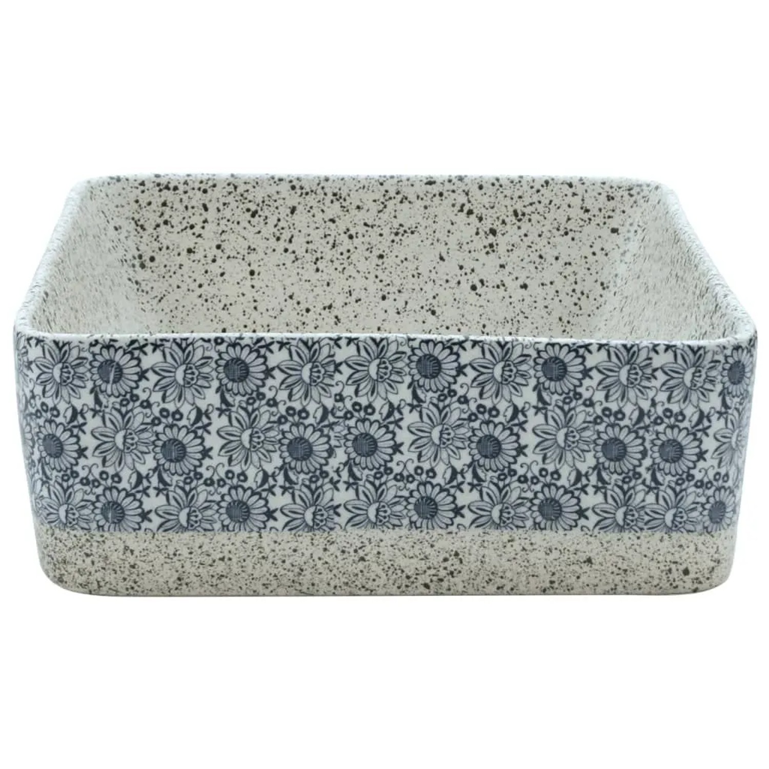 Rechteckiges Aufsatzwaschbecken, grau-blau mit Blumenmuster, 46x35,5x13cm, aus Keramik.