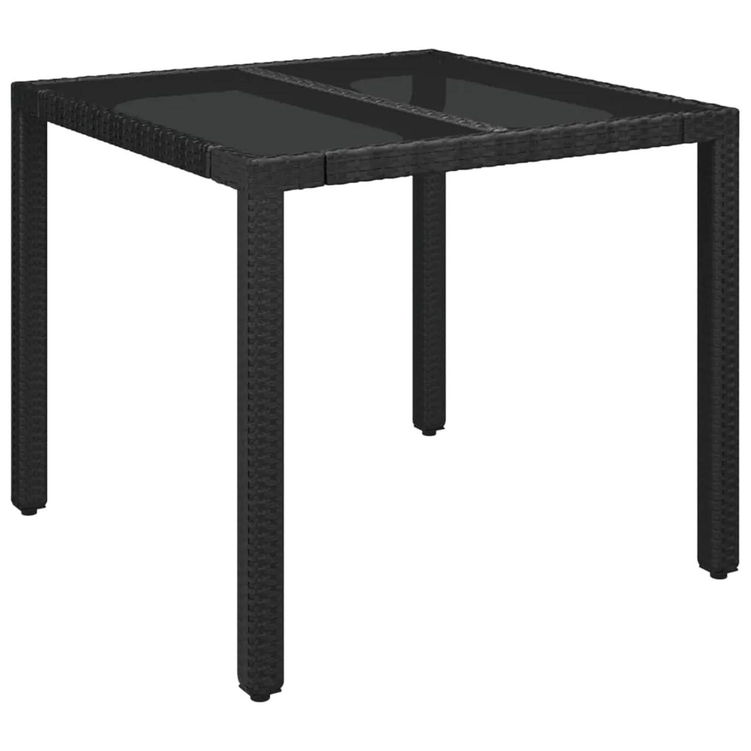 Schwarzer vidaXL Garten-Esstisch aus Polyrattan mit Glasplatte, Teil einer 5-tlg. Gartenmöbel-Gruppe.