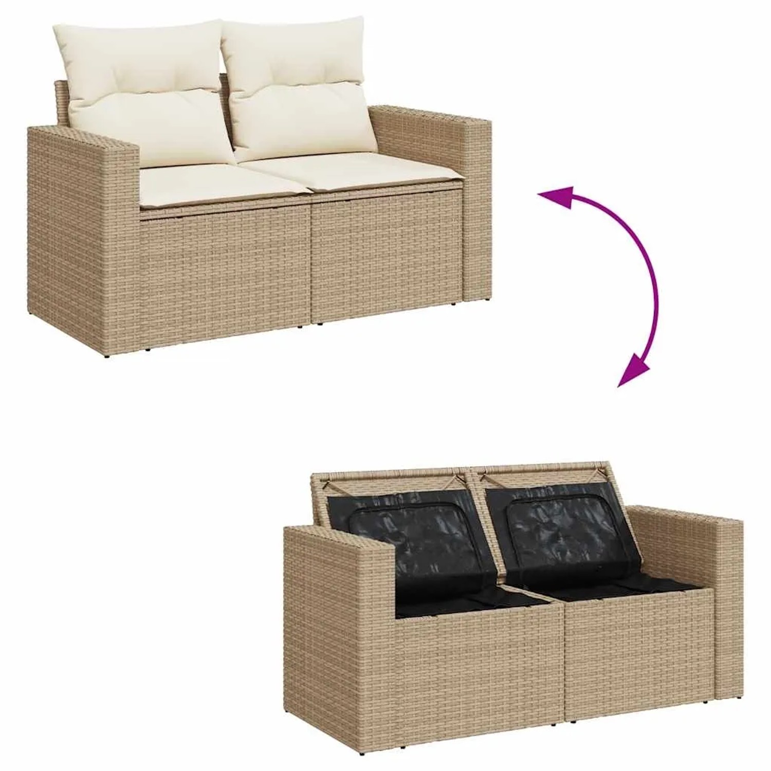 Beige 6-tlg. Garten-Sofagarnitur aus Rattan mit Kissen und Stauraum, Ansicht offen und geschlossen.