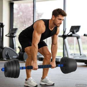 Mann trainiert mit vidaXL 4-in-1 Hantelset (30kg) im Fitnessstudio. Ideal für Krafttraining und Muskelaufbau.