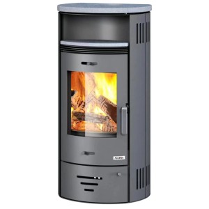 Accente Kaminofen Naturstein Granit Grau, 7 kW. Zeitbrandofen mit Holzfeuer hinter Glas.