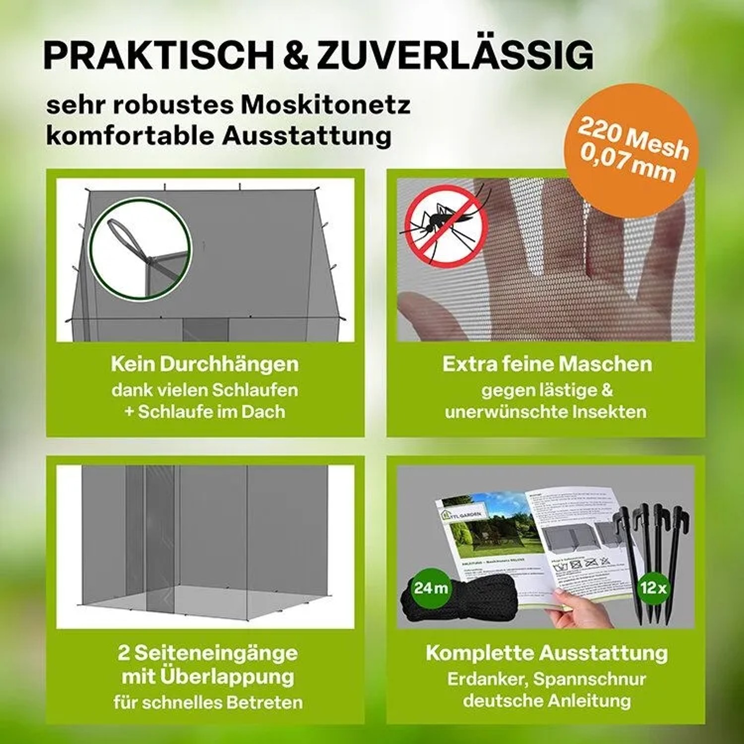 TTL GARDEN Moskitonetz DELUXE XL, schwarz, 300x300x250cm, feinmaschig, Insektenschutz für Betten und mehr.