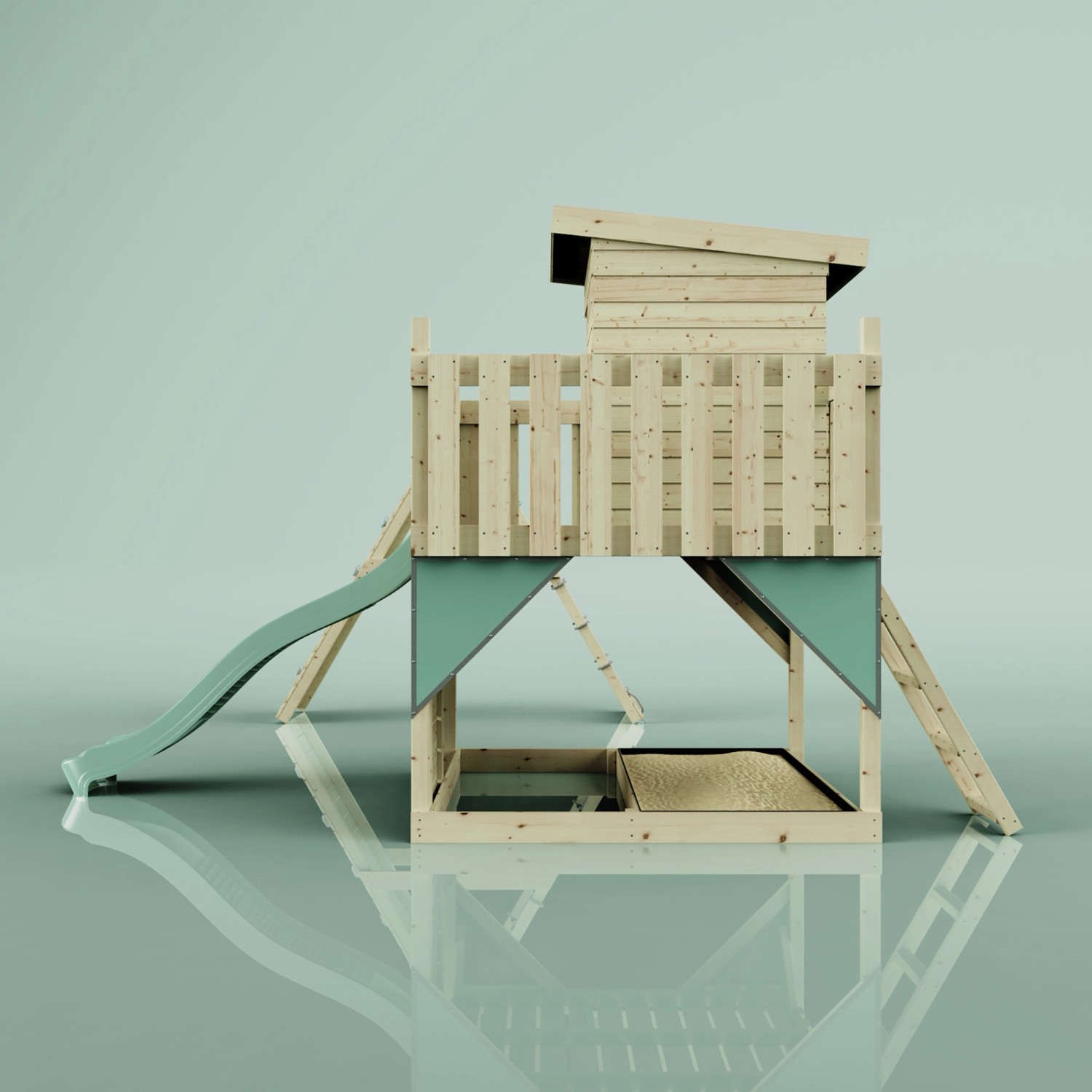 PolarPlay Spielturm Frida mit Schaukel und Rutsche, mintgrün. Holzspielturm für Kinder.