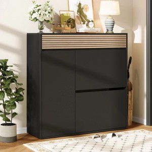 Merax Schuhschrank mit 2 Klapptüren Schuhkipper Schwarz Holzoptik 100x35x105 cm