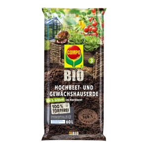 Sack Compo Bio Hochbeet- und Gewächshauserde, torffrei, 60 l. Pflanzerde für Gemüse und Kräuter.