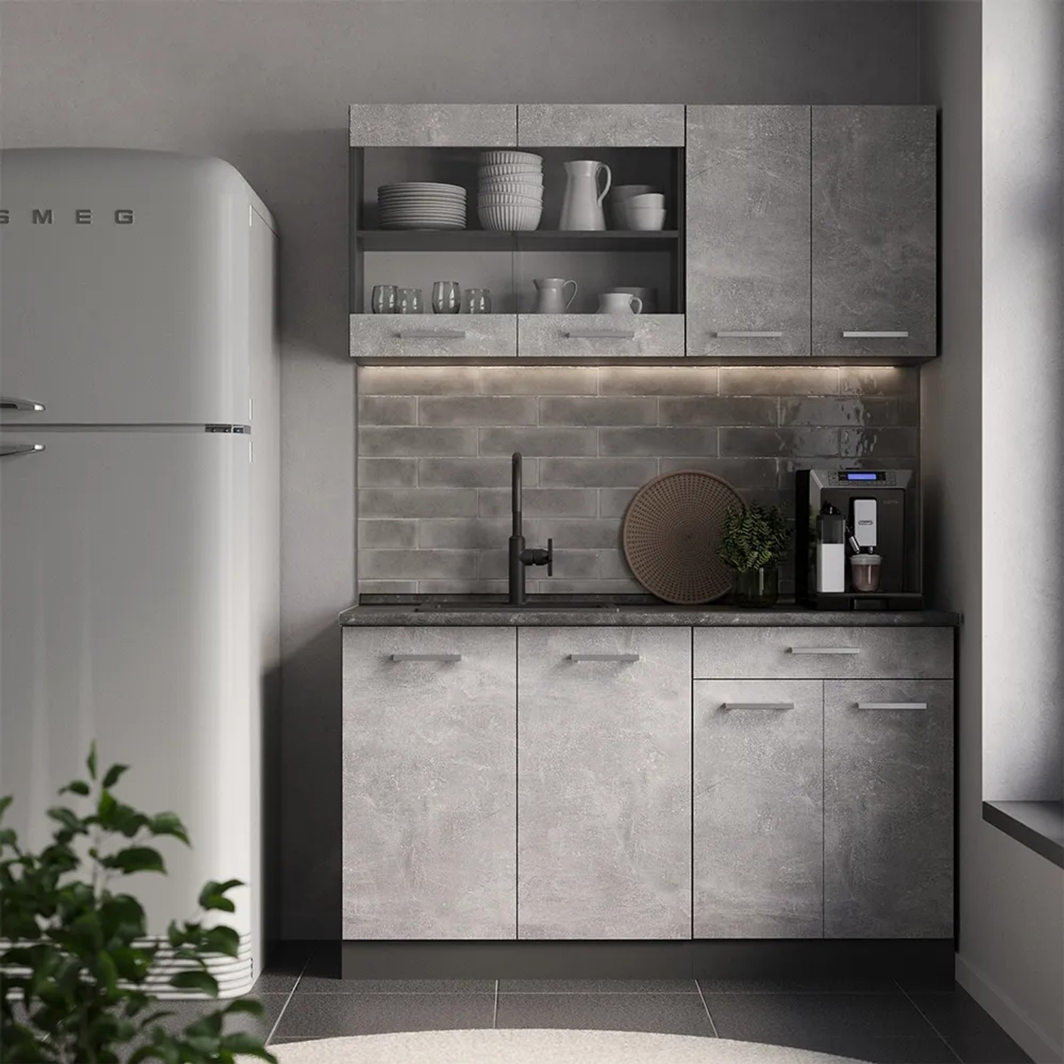 Vicco R-Line Singleküche in Beton/Anthrazit, 140 cm breit, ohne Arbeitsplatte.