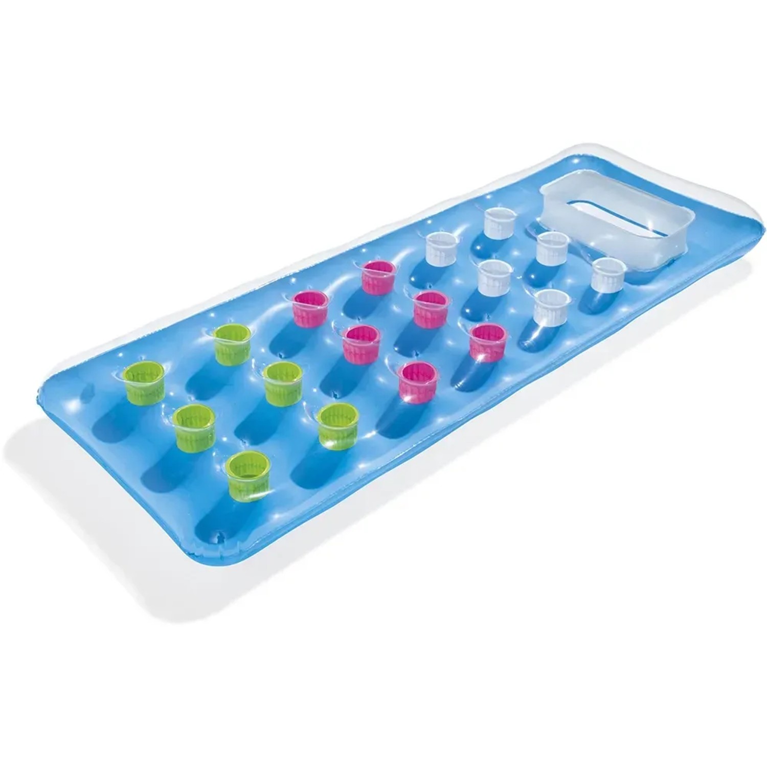 Bestway Luftmatratze, 177x63cm, blau mit farbigen Mulden und transparentem Kopfkissen.