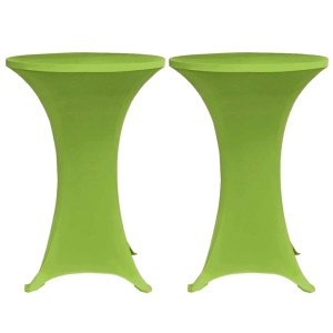Zwei grüne Stretch Tischhussen (70 cm) für Stehtische, ideal für Partys und Empfänge.