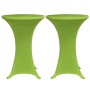 Zwei grüne Stretch Tischhussen (70 cm) für Stehtische, ideal für Partys und Empfänge.