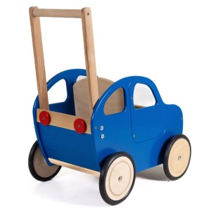 Blauer Holz-Lauflernwagen in Autoform mit höhenverstellbarem Schieber und Holzrädern. Ideal für Kinder.