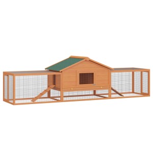 PawHut Kleintierstall aus Naturholz mit grünem Dach, zwei Freigehegen und Rampen für Kaninchen.