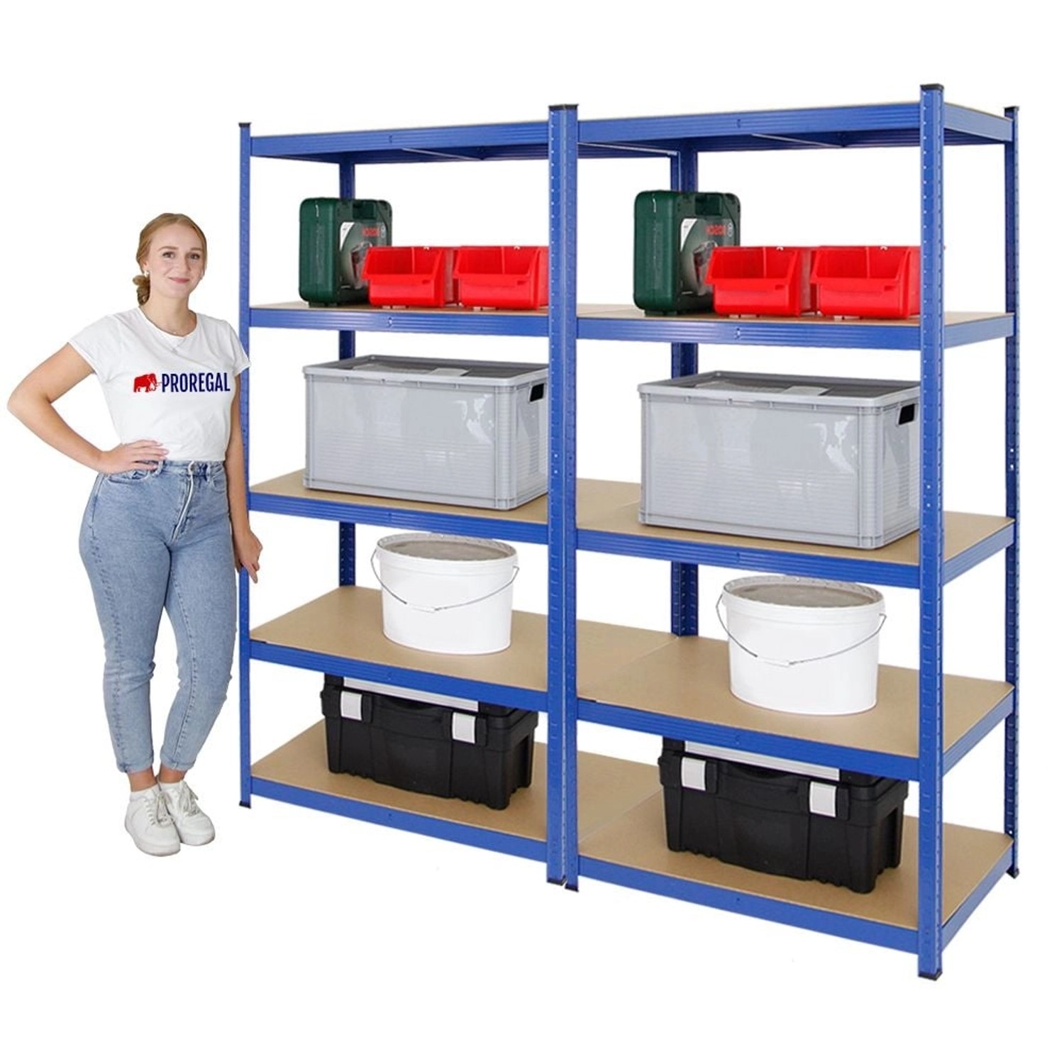 PROREGAL Mega Deal: 2 blaue Schwerlastregale 180x90x60cm mit Werkzeug und Lagerboxen.