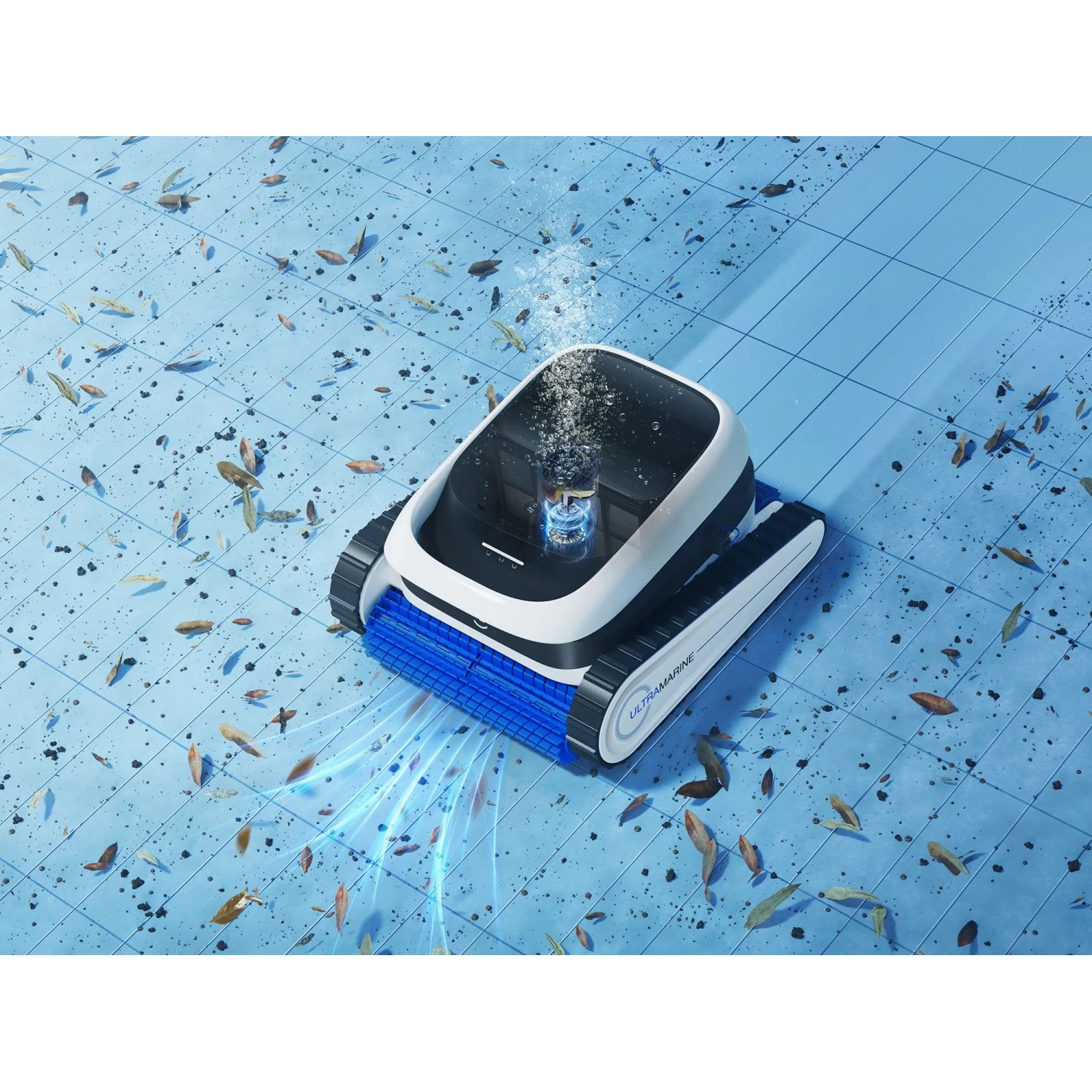 Ecovacs Poolroboter Ultramarine P1 in Weiß-Blau bei der Poolreinigung.