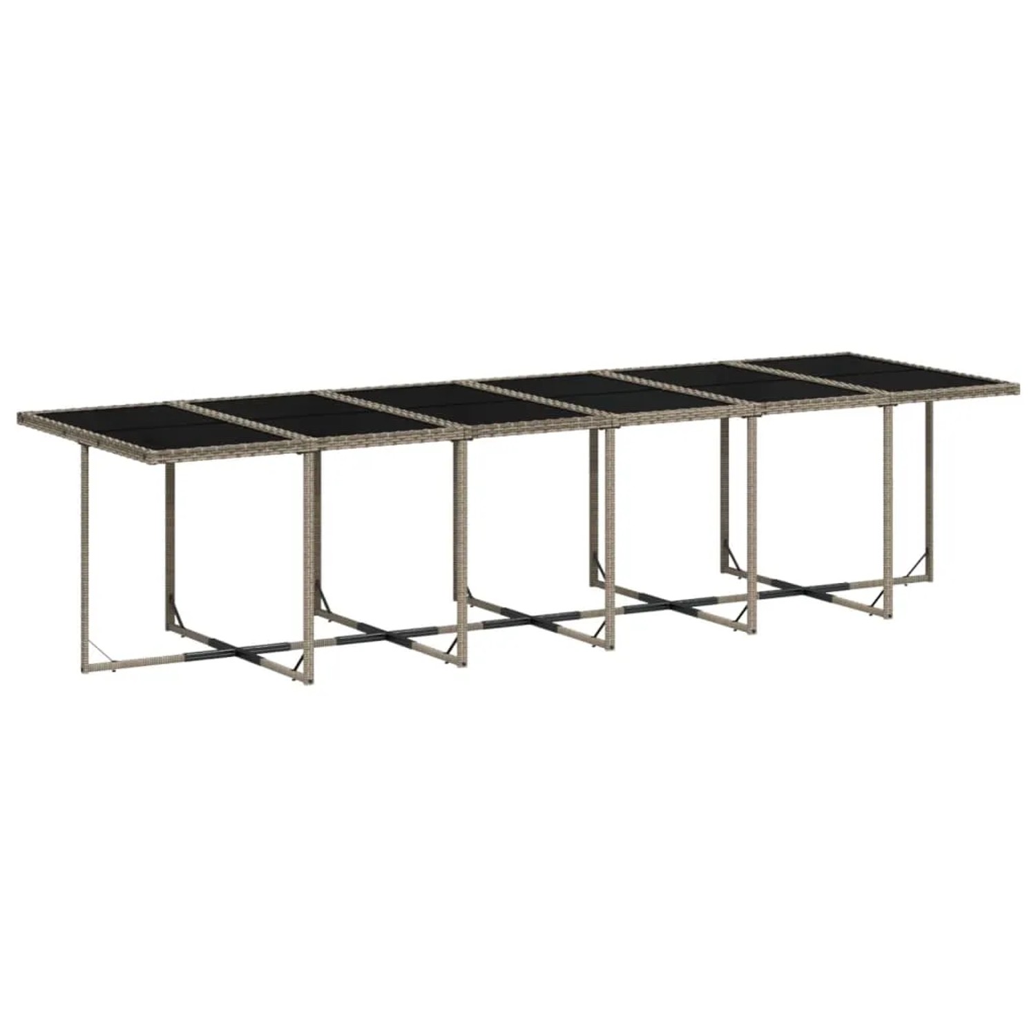 vidaXL Garten-Essgruppe, 17-teilig, grau Poly Rattan, langer Tisch mit Glasplatte, Gartenmöbel.