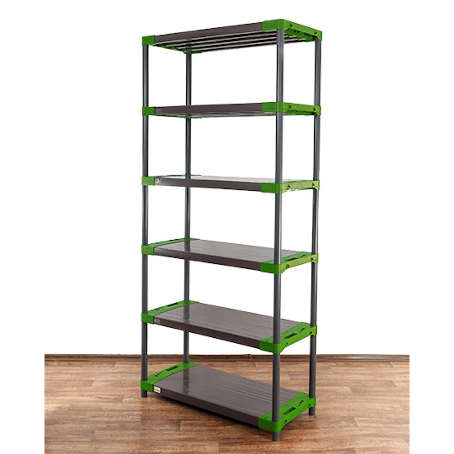 Hohes, graues Kunststoffregal mit grünen Akzenten und 6 Böden. Ideal für Keller, Garage oder Abstellraum.
