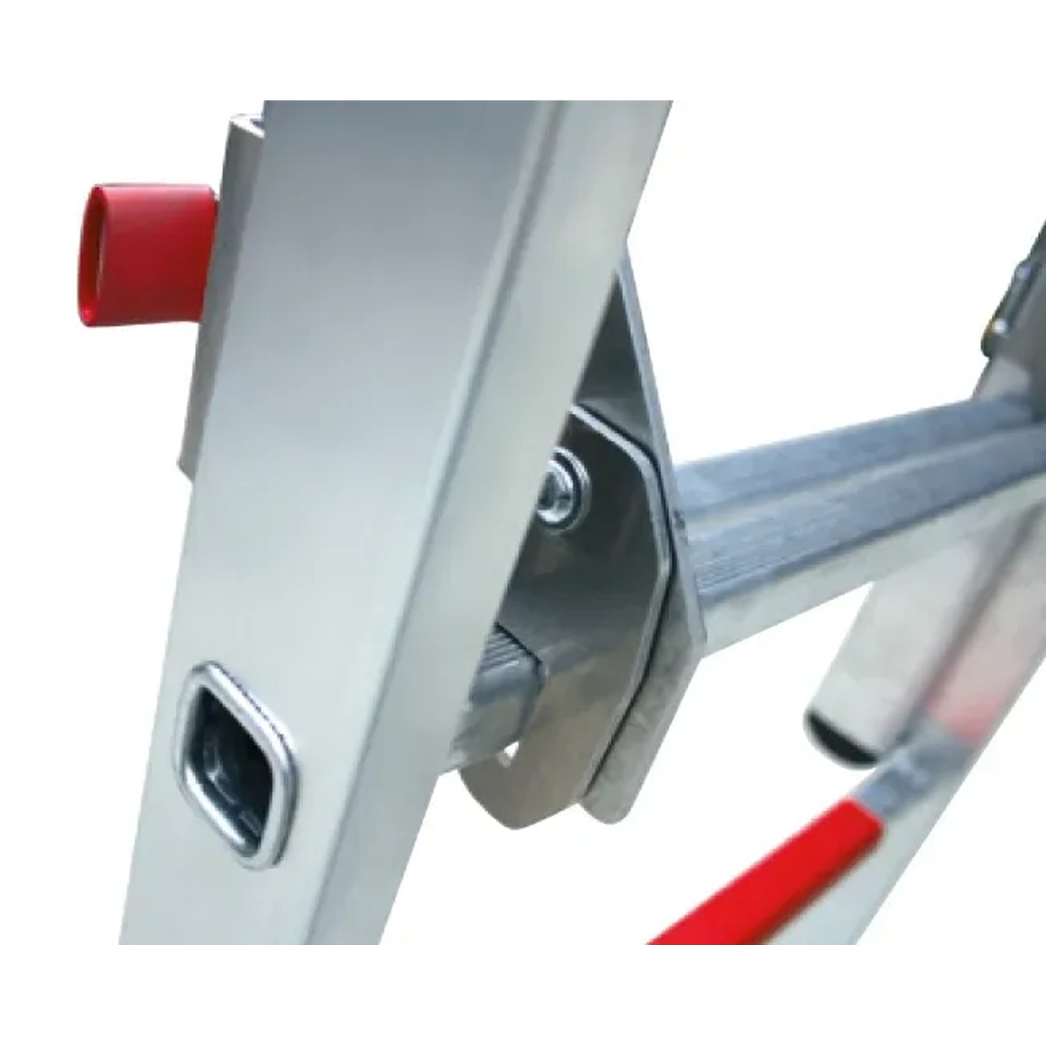 Detailaufnahme: MUNK Plattformleiter FlexxStep, 4 Sprossen, Teleskopaufsatz. Aluminium, rote Akzente.