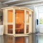 Karibu Sauna Anina 1 aus Fichte mit Glastür, Bio-Ofen und LED-Dachkranz in Natur.
