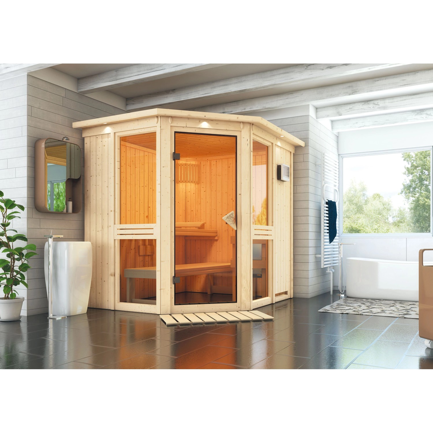 Karibu Sauna Anina 1 aus Fichte mit Glastür, Bio-Ofen und LED-Dachkranz in Natur.