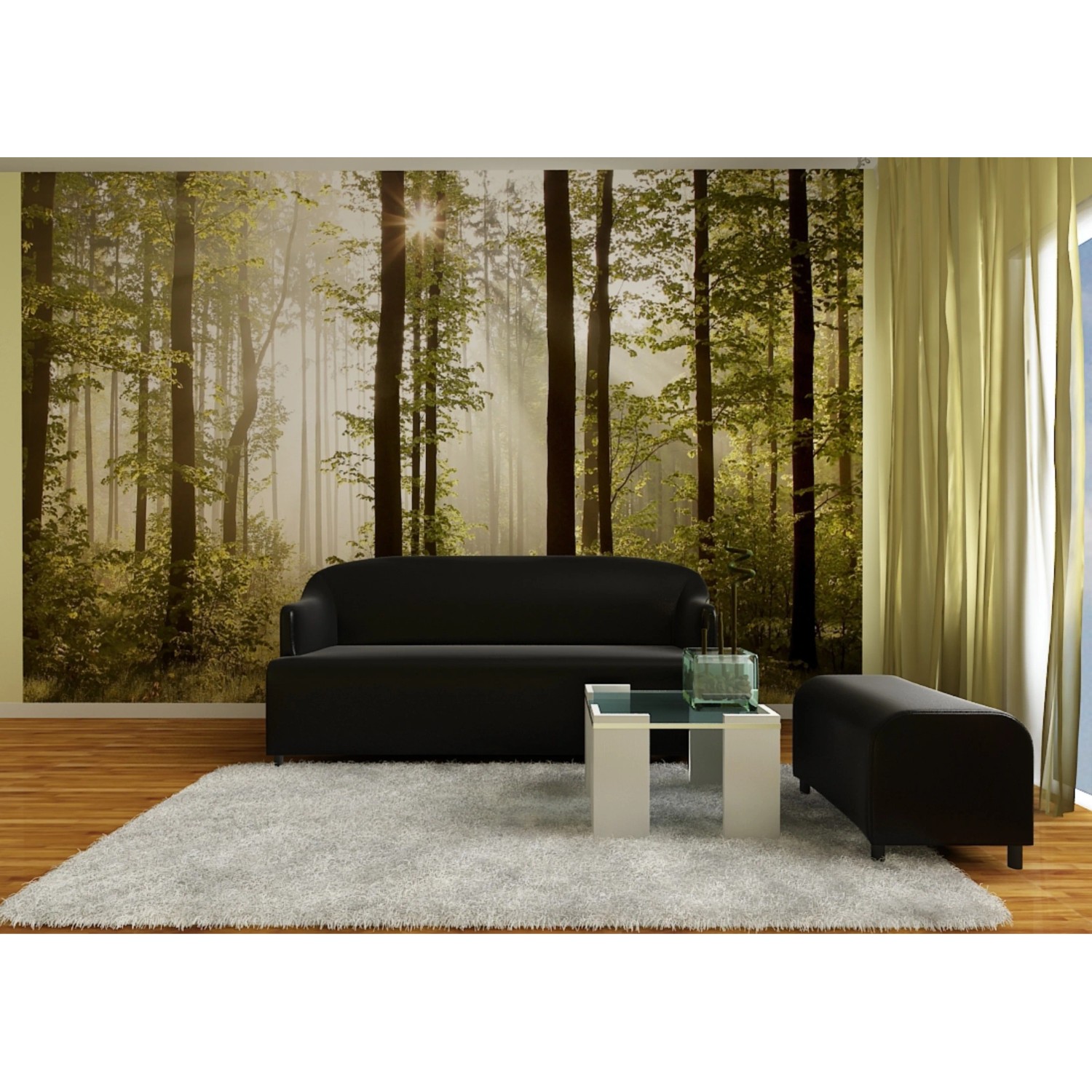Sanders Fototapete: Bewaldete Landschaft in Grün, 360x254cm. Waldmotiv für Wandgestaltung.