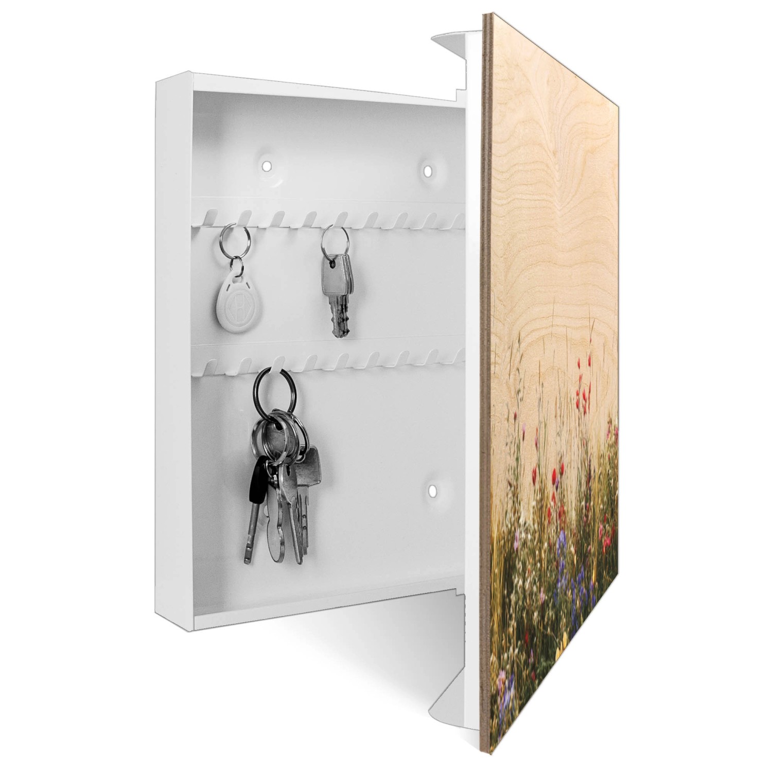 Banjado Schlüsselbox mit Blumenwiese, 50 Haken, weißer Kasten mit Holzfront. Schlüssel hängen im Kasten.