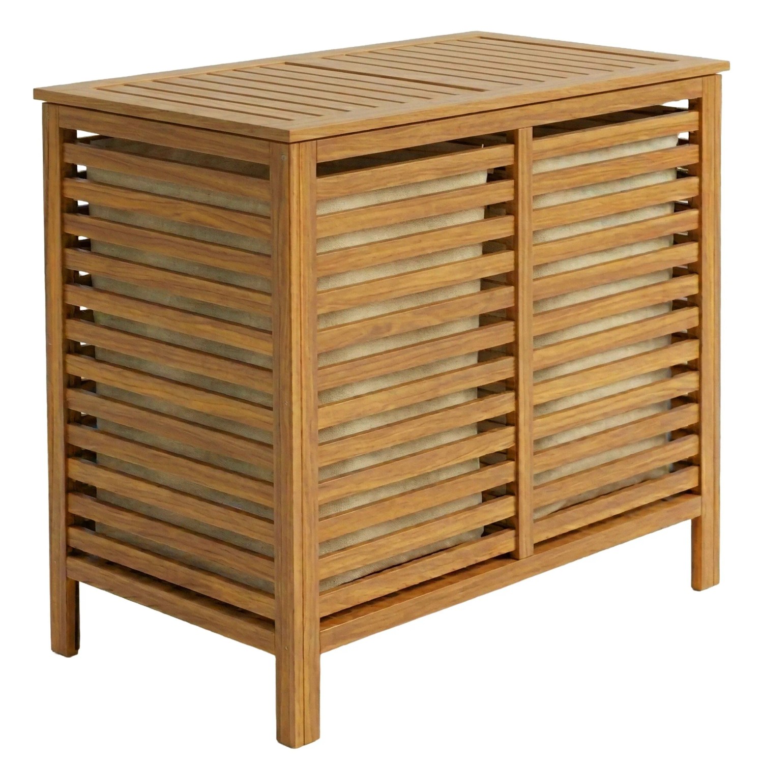 Relaxdays Wäschesammler Walnussholz Natur mit 2 Fächern Klappdeckel 150 L 67,5 cm x 89 cm x 46,5 cm