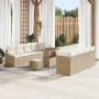 Beiges 11-teiliges Gartensofa Set aus Rattan und Akazie mit Kissen.