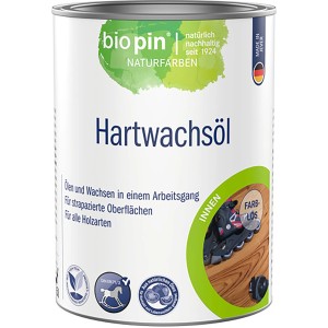 Dose Biopin Hartwachsöl, transparent, seidenglänzend für Holzoberflächen im Innenbereich.