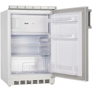 Unterbaukühlschrank für Miniküche, offene Tür, Innenraum mit Fächern und Gefrierfach.