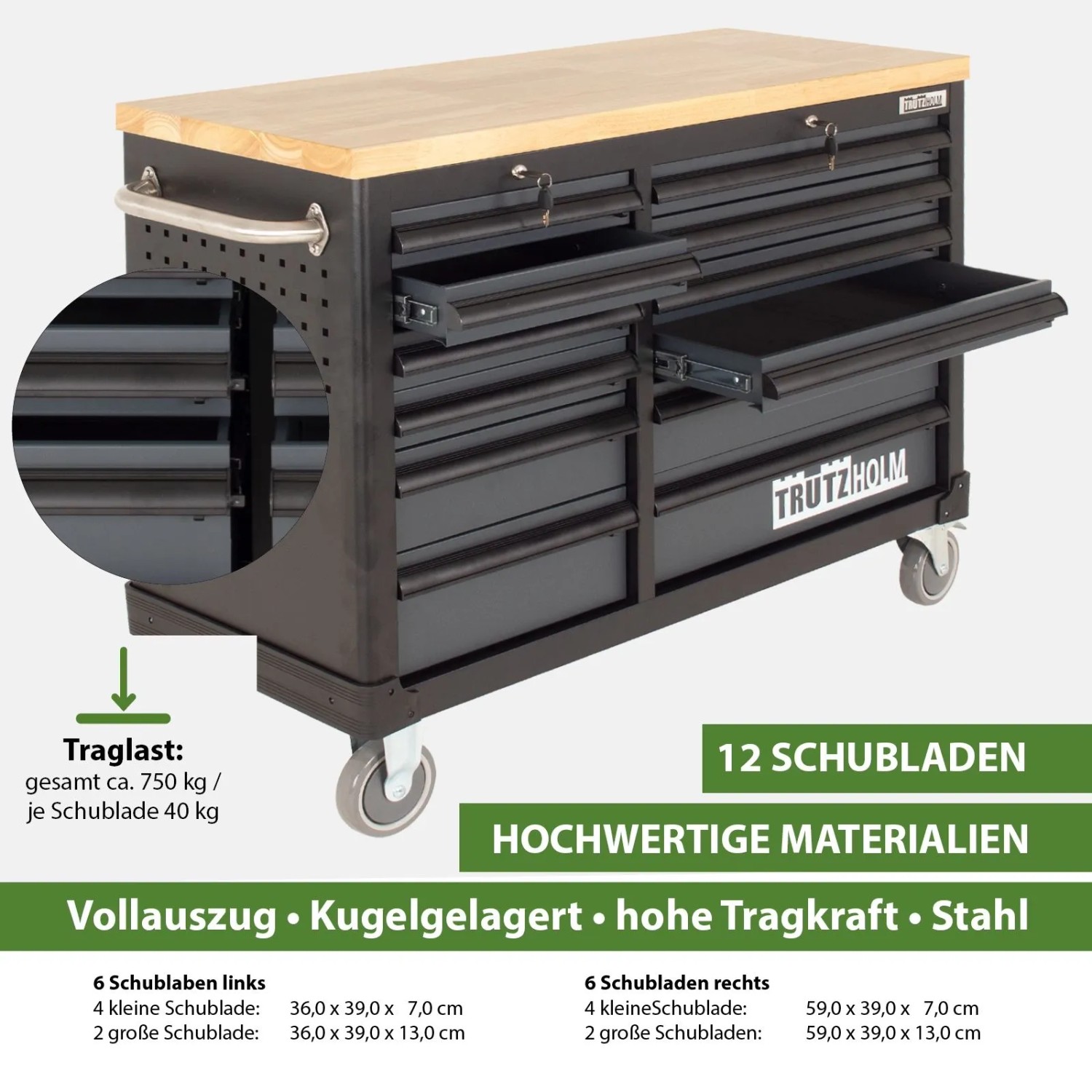 TRUTZHOLM Werkstattwagen DELUXE mit 12 Schubladen, anthrazitgrau, massive Arbeitsplatte.