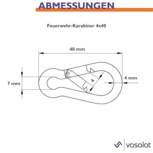Zeichnung Karabiner-Set, 4x40 mm, DIN 5299C, Maße: 40x7x4 mm, max. 50 kg Tragkraft.