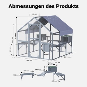 Technisches Diagramm des Wiltec Katzenfreilaufgeheges aus Holz mit Maßen, Ebenen und Schutzhaus. Ideal für den Außenbereich.