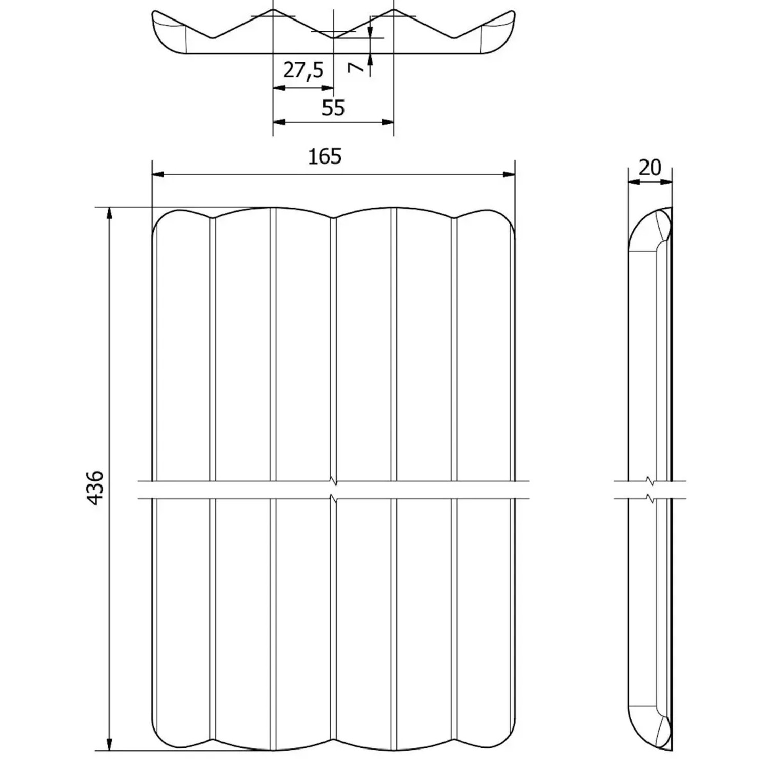 Technische Zeichnung SOTECH Bambus Gewürzeinsatz 436x165x20 mm für ORGA-BOX. Zeigt Maße und wellenförmige Fächer.