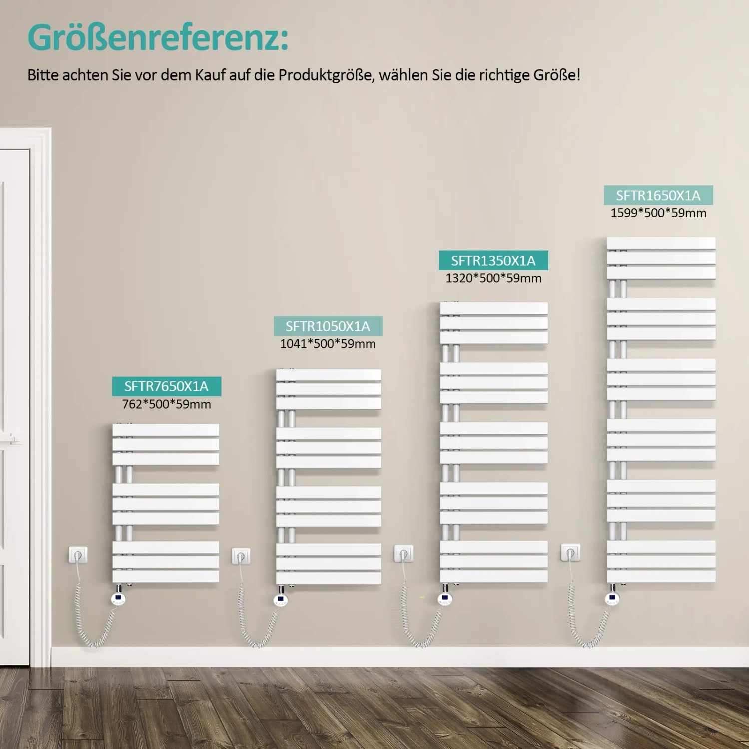 Elektrische Badheizkörper in verschiedenen Größen als Handtuchwärmer in Weiß.