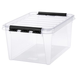 Transparente SmartStore Aufbewahrungsbox Classic 31L mit Deckel und schwarzen Clips.